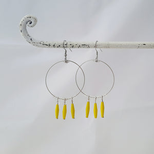 Hand made yellow design paper bead earrings made out of recycled paper in Uganda by principles of fair trade, ethical and sustainable fashion, empowering women of post war area, by Finnish / Scandinavian brand, Agulu Paper Beads. Eettiset käsintehdyt keltaiset design paperihelmikorvakorut, jotka on tehty reilun kaupan periaattein työllistämällä kehitysmaan nasia.